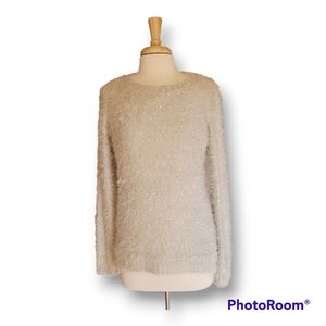 Eyn Soft Grey White Fuzzy Sequined Round Neck Sweater.  Size M